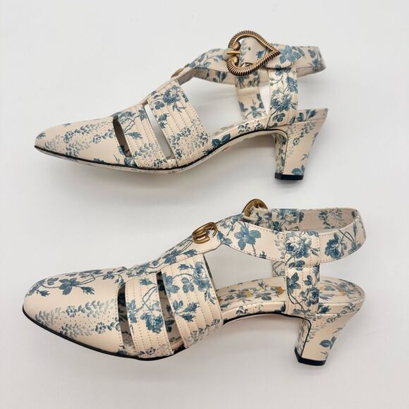 Gucci Gea GG Mid Heel Buds/Floral Blue Leather T-Strap Sandal Pump EU37.5 US7.5 - Picture 10 of 13